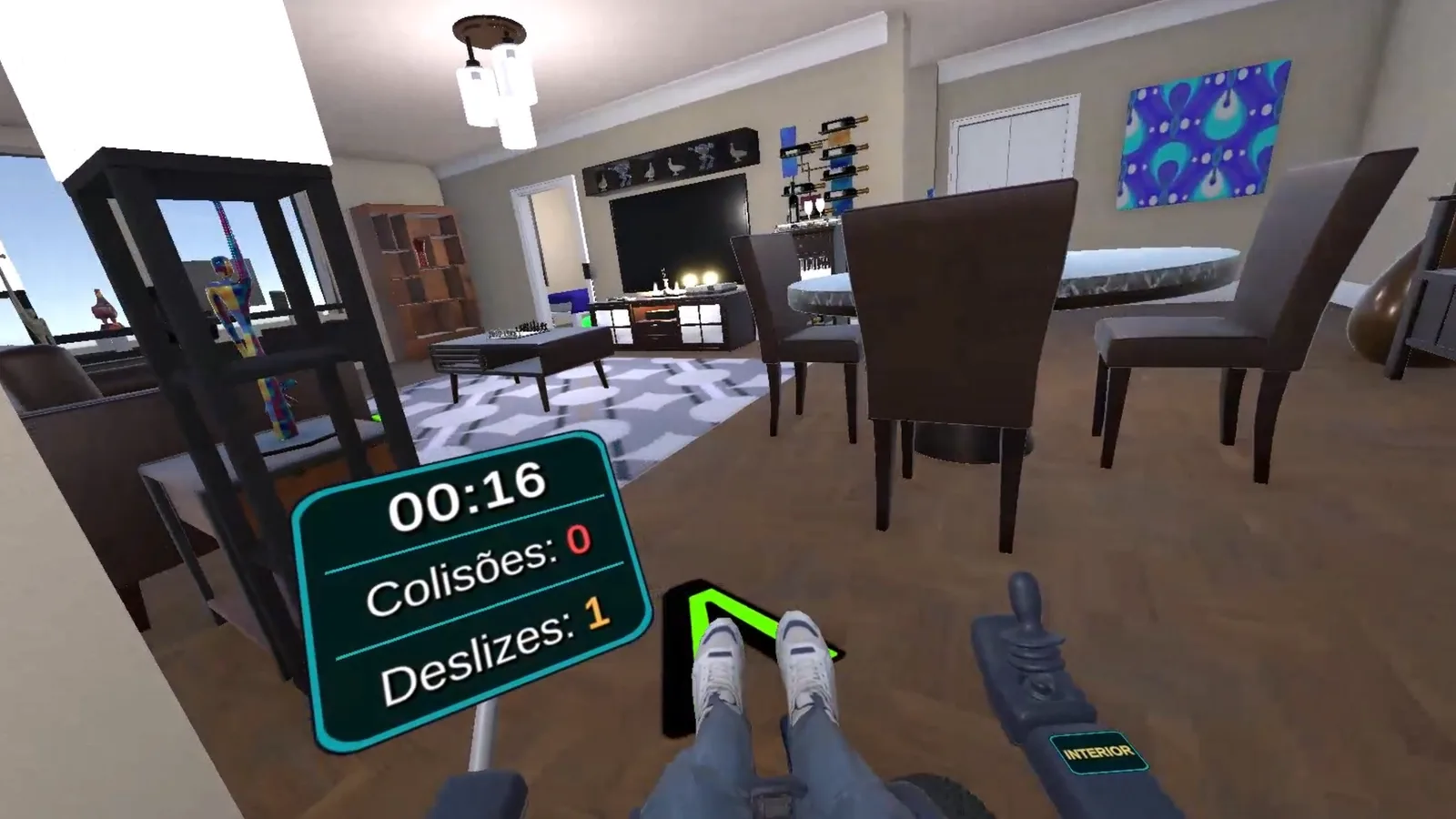 First-person view from the wheelchair inside a furnished apartment, facing a dining table and chairs with a living room beyond.