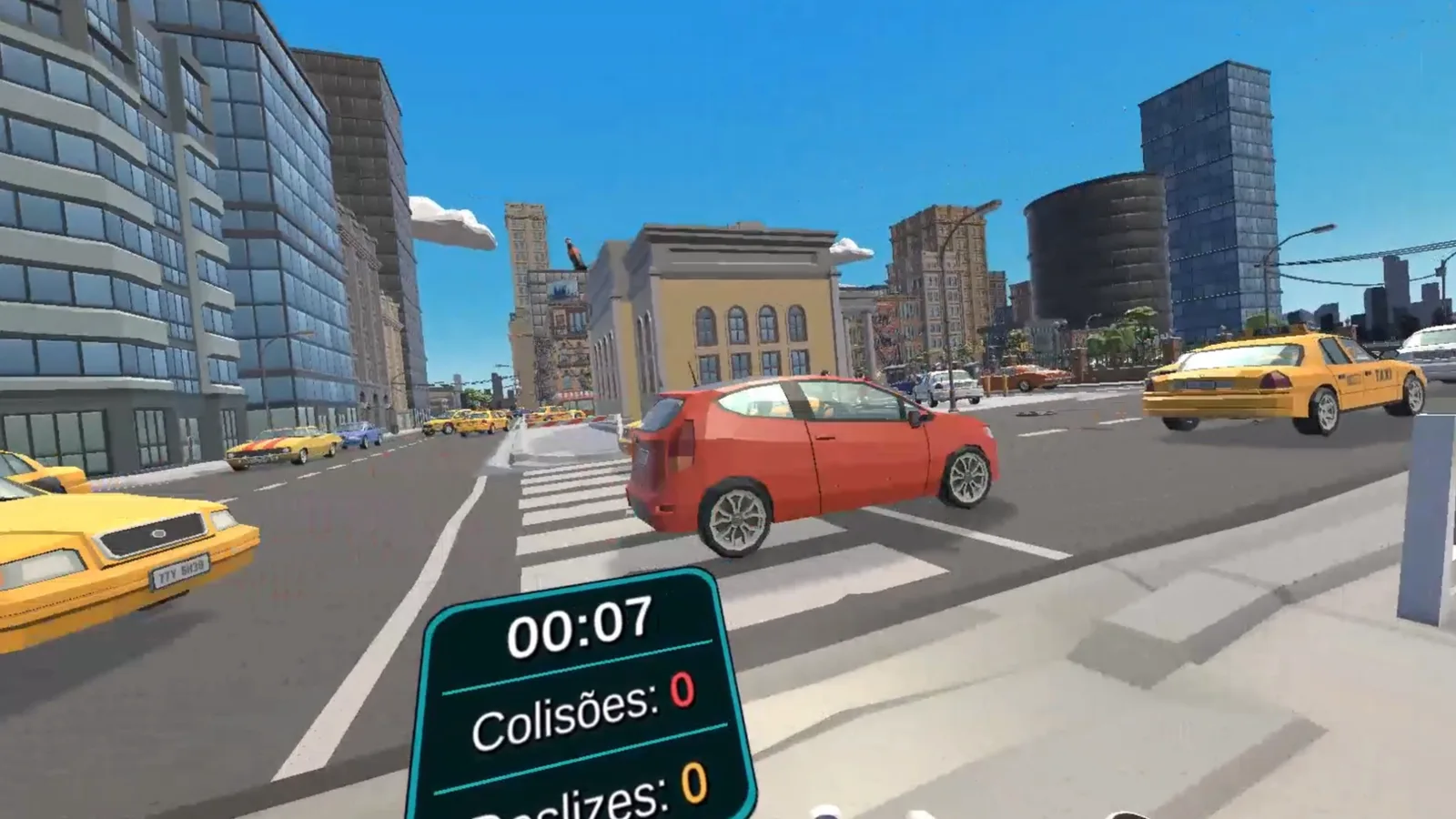 First-person view from the wheelchair at a city crosswalk, a red car crossing in front and taxis moving along the street beyond.